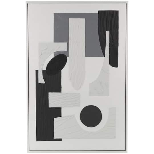40" x 59" White Abstract Textured Canvas Framed Wall Art with Various Geometric Shapes & Black Accents